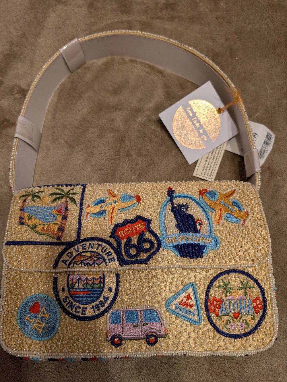 Beaded Patchwork Crossbody Bag - Beige with Travel Patches